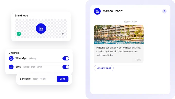 Campaign composer: brand logo, WhatsApp as primary channel with SMS fallback after 15 minutes, scheduled for today at 16:00, and a preview of the Marena Resort message with a Save my spot button