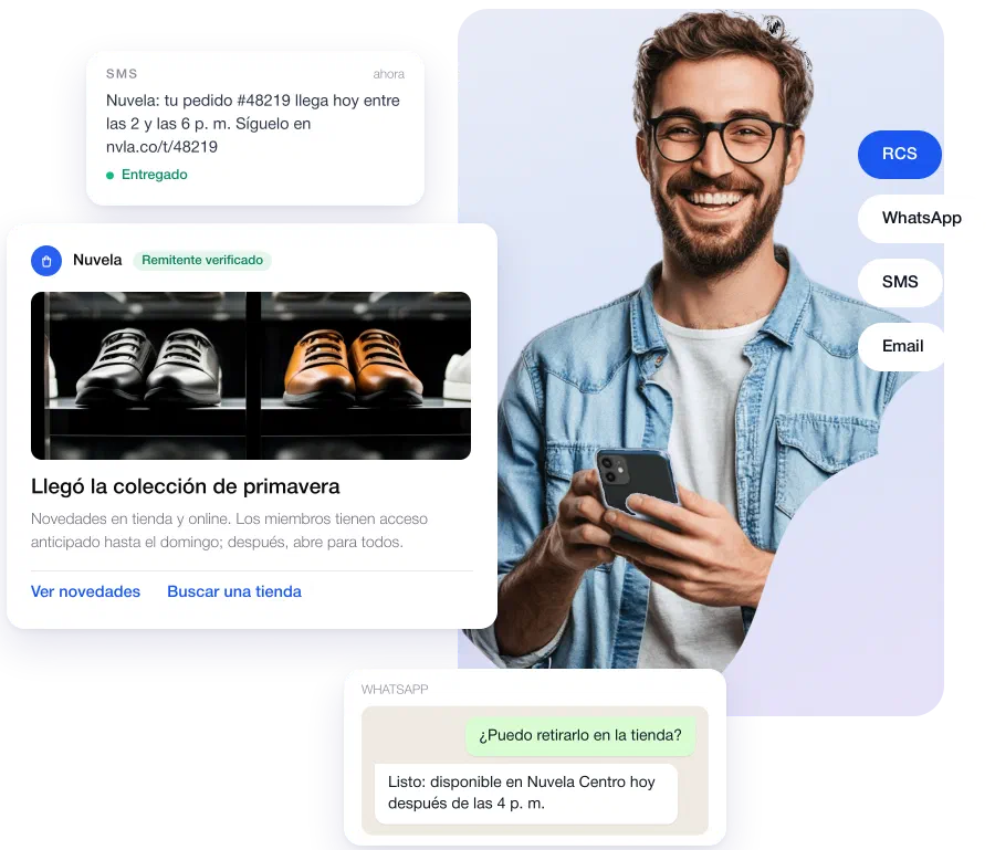 Persona con un teléfono recibiendo mensajes de SMS, RCS y WhatsApp de una misma marca