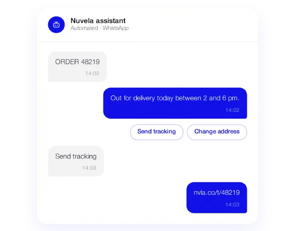 Automated WhatsApp assistant answering an order-status request with quick-reply buttons