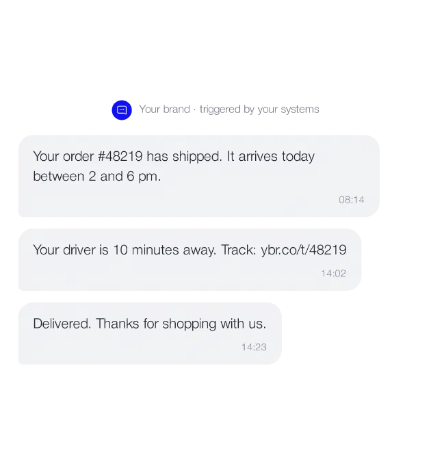 Programmable SMS example: order shipped, driver nearby, delivered